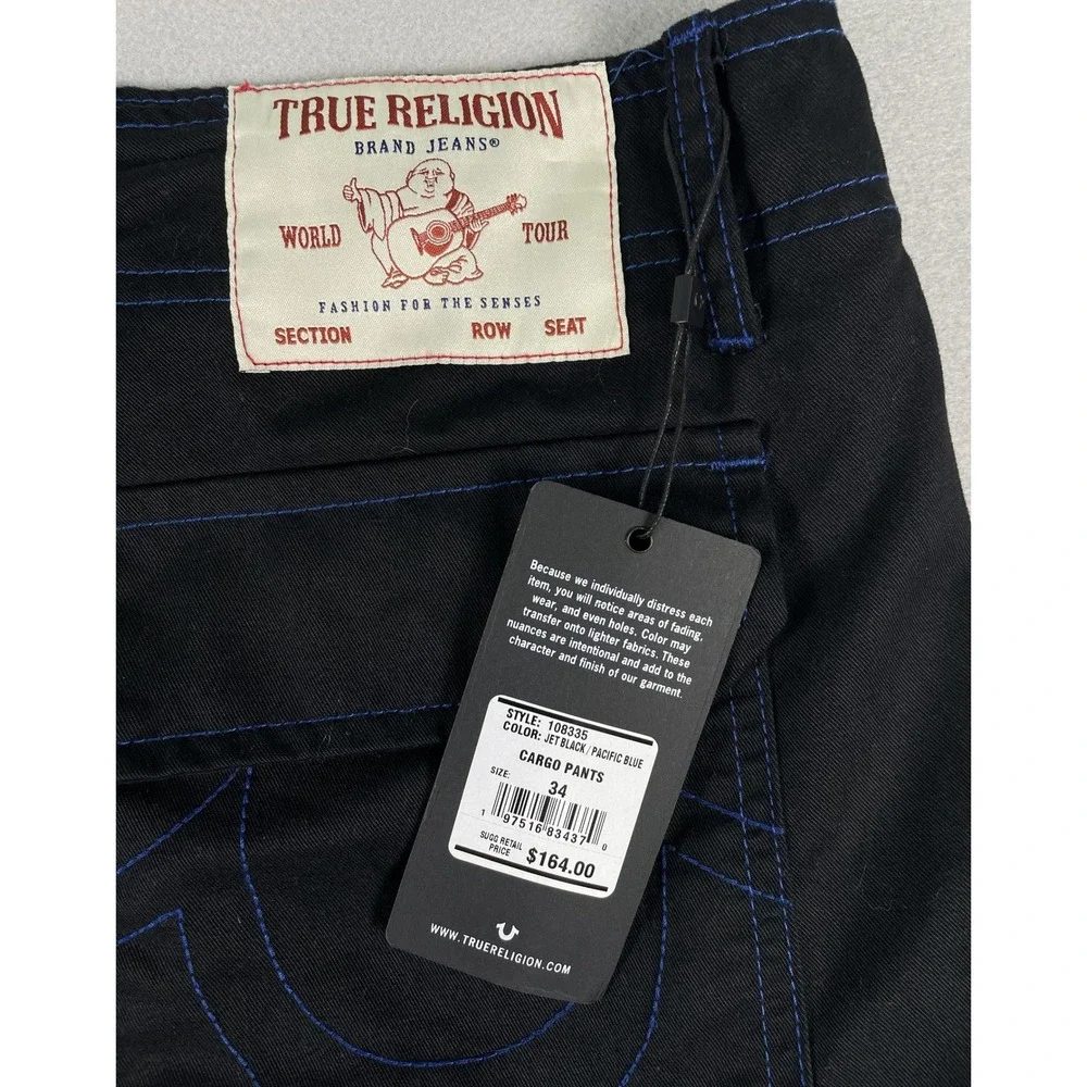 True Religion Cargo Pants Mens 34 Black Pacific Blue Straight Leg NWT Y2K Style